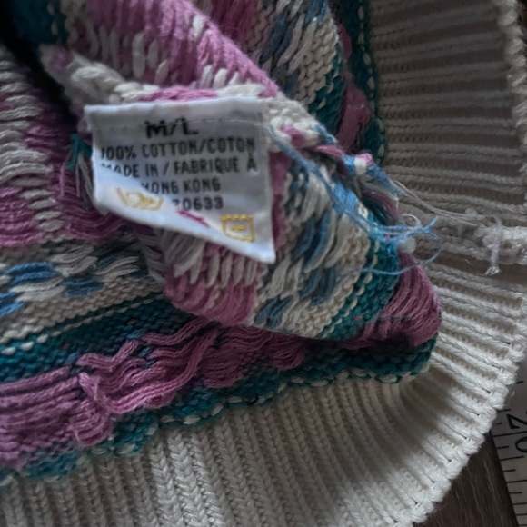 Vintage le cotonnier Patterned Teal and Pink 100% cotton crew neck Sweater - Picture 7 of 7